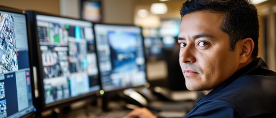 Focused professional monitoring multiple screens in a control room
