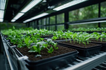 Illuminated by LED lights, this greenhouse showcases vibrant green seedlings, illustrating modern agricultural techniques and the beauty of plant life.
