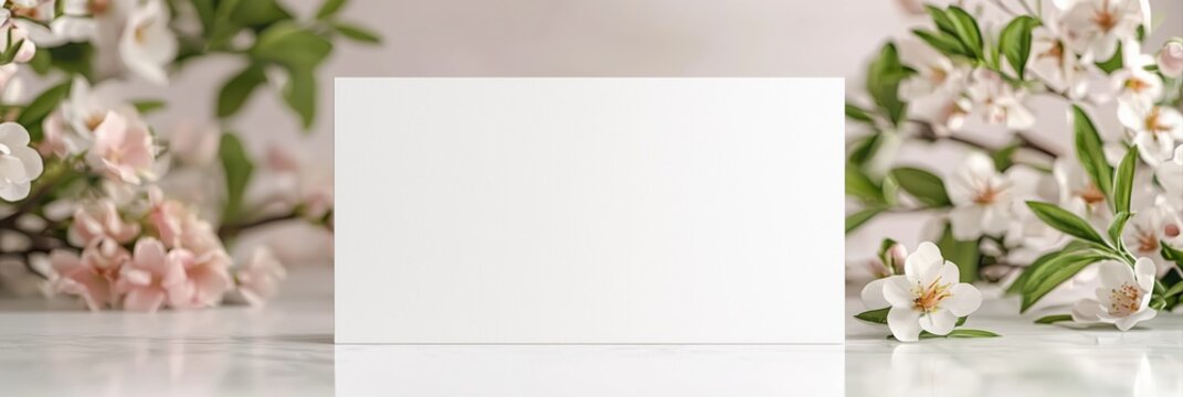 Elegant Blank Card with Spring Blossoms on Marble Surface