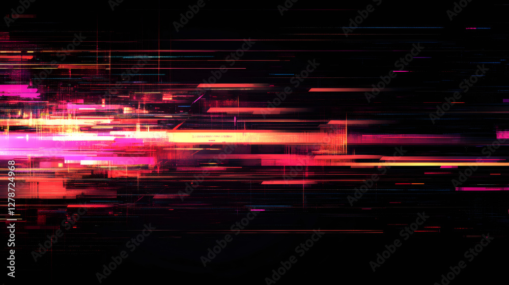 Poster Glitch effect creating colorful horizontal lines and distortions on a dark background, ideal for technology and digital art concepts