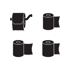 Toilet paper icons, bathroom essentials, black and white silhouettes
