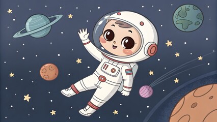 Fototapeta premium Astronaut floating with a waving hand chibi style