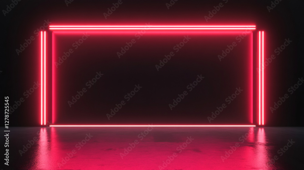 Poster Red neon frame illuminating dark space with reflections on wet floor, creating a modern and futuristic atmosphere