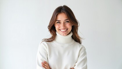 Obraz premium Smiling young woman in white sweater on light background, perfect for lifestyle blogs