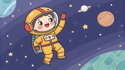 Astronaut floating with a waving hand chibi style