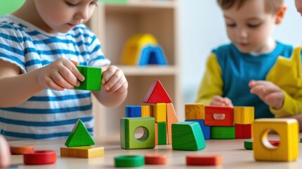 Childcare early education learning. Children playing with colorful building blocks, enhancing creativity and motor skills.