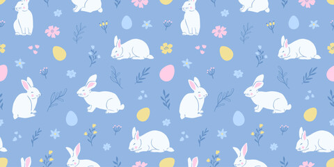 Easter cute seamless pattern with cute white rabbits and Easter eggs. Vector illustration