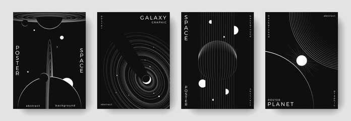 Set of abstract space astronomy backgrounds. Line art galaxy, universe, planet, solar system. Science future concept. Cosmic minimalist design for cover, poster, layout, banner, flyer, brochure © Anastasiya Stoma