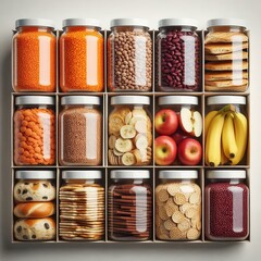 a row of jars filled with various food items, grouped into three boxes. 

