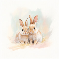 Set of cute watercolor rabbits with baskets of flowers png. Cute fluffy rabbits with watercolor flowers. Spring concept. Cute rabbits with flowers.