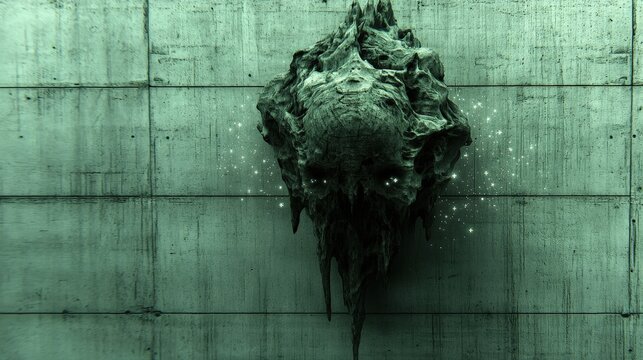 Scary eyes glowing alluringly with mystical energy on a textured wall background.