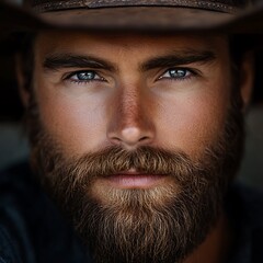 Obraz premium Close-up portrait of man in cowboy hat, serious expression