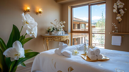 Relaxing spa room with elegant decor, towels, and beautiful flowers by the window in tranquil setting