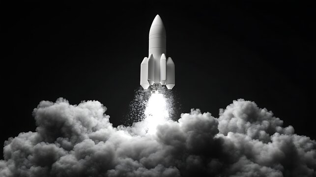 Rocket Launching into Space, A rocket launching into space, surrounded by clouds and a starry sky