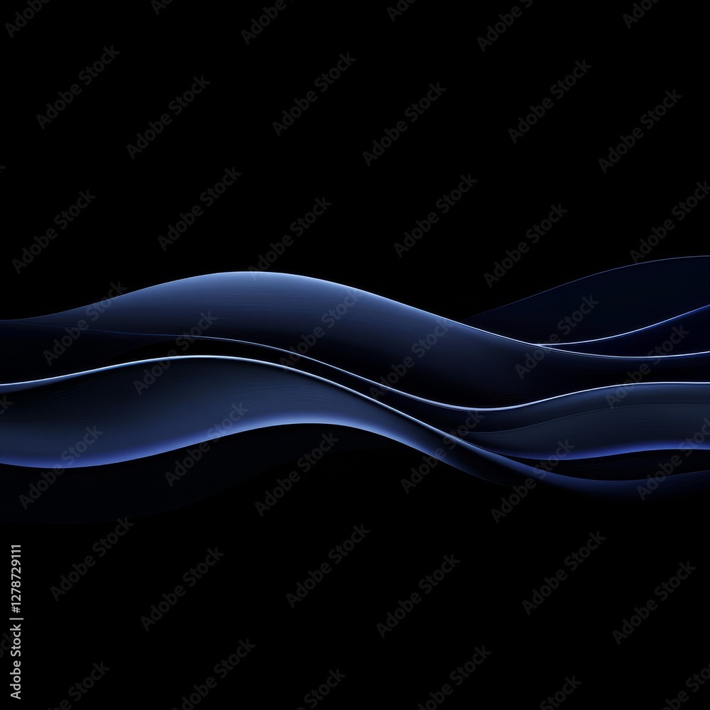 Poster abstract dark blue waves on black background - a modern, flowing design with a sense of depth and el