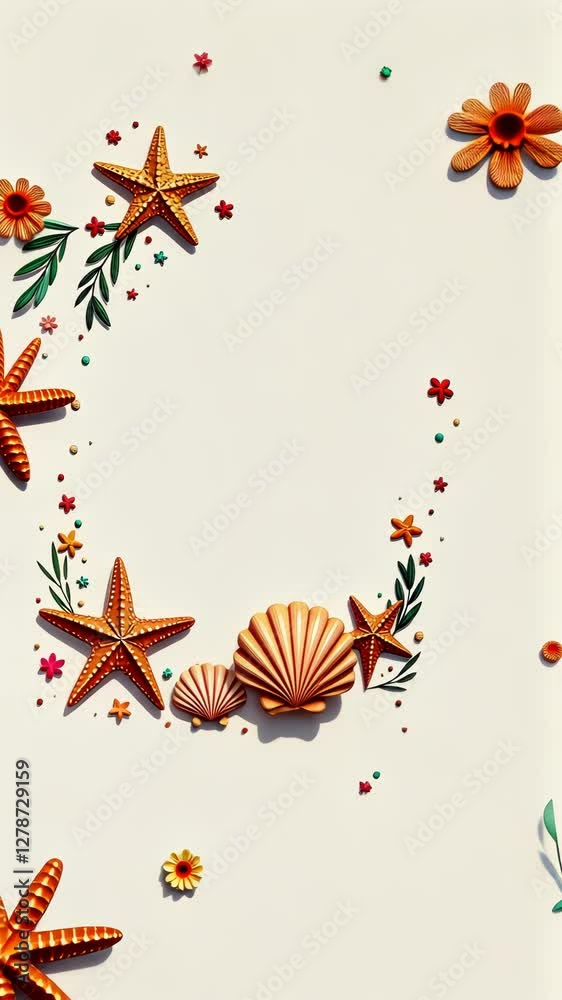 Poster A white background with a frame of stars and shells. There are three shells and three stars