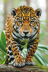 Obraz premium A close-up of a jaguar prowling through a lush, green forest environment.