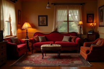 Vintage-Inspired Living Room with Velvet Sofa and Antique Wooden Furniture
