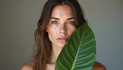 Fototapeta premium Serene young woman with green leaf on neutral background, nature and tranquility concept