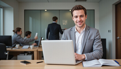 Obraz premium Businessman attending virtual training session at corporate workspace with laptop