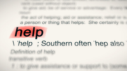 A close-up illustration of the word "help" in a dictionary, showing its definition and meaning