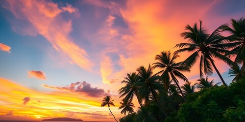 Fototapeta premium Tropical Sunset Serenity: The sky ablaze with vibrant hues of orange, pink, and blue, framing silhouette palm trees and creating a sense of warmth and tranquility, promising a day's end in paradise.