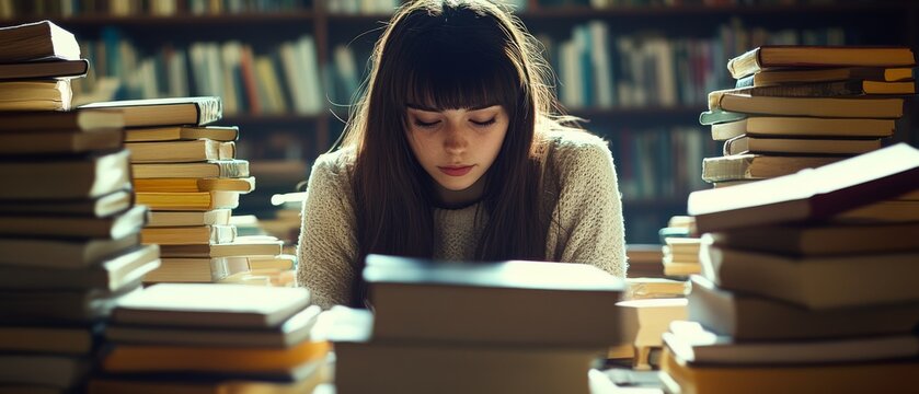 A young woman sits surrounded by stacks of books in a cozy library, lost in concentration and discovery. - Powered by Adobe