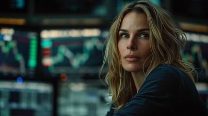 Focused businesswoman analyzing stock market trends and data on multiple computer screens