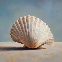 Captivating Seashell Art: A Detailed Oil Painting of a Scallop Shell Against a Blue Sky Background