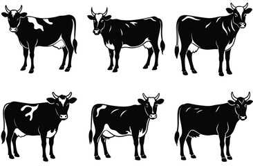 Cow silhouette set (breeds and angles). Vector Calf Silhouettes Isolated on White.