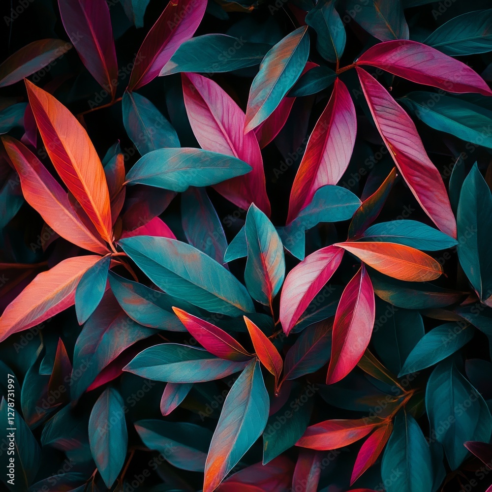Poster colorful foliage: a vibrant display of teal, red, and pink leaves creating a striking botanical patt