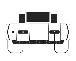 Retro gaming console with wired controller ports black and white 2D line object. Old-school video games. 90s vintage device isolated clip art vector outline item. Monochromatic spot illustration