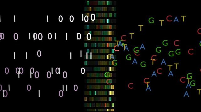 DNA digital data storage. ATCG four basic nucleotides in DNA. Encoding / decoding binary data to / from DNA strands. Transforming digital and DNA information. 3d render animation.