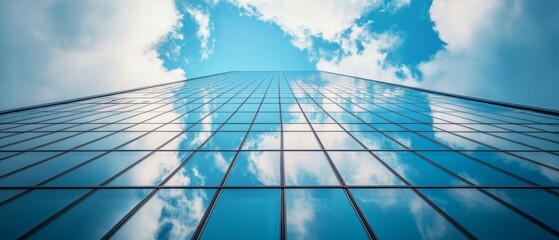 Towering skyscraper mirrors the sky's azure blues and white clouds, captured from below, symbolizing urban majesty and limitless possibilities.