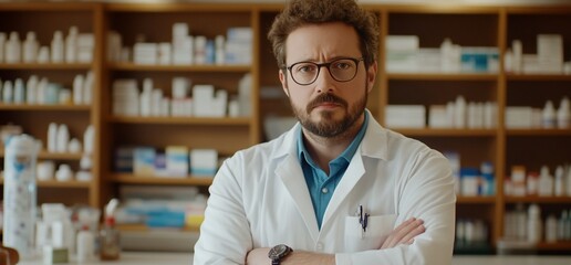 Fototapeta premium Serious pharmacist in pharmacy, shelves blurred