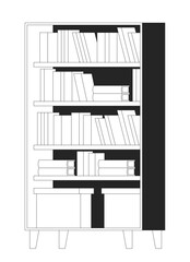 Bookcase with books and storage boxes black and white 2D line object. Bookshelves knowledge. Office furniture. Organized shelves isolated clip art vector outline item. Monochromatic spot illustration