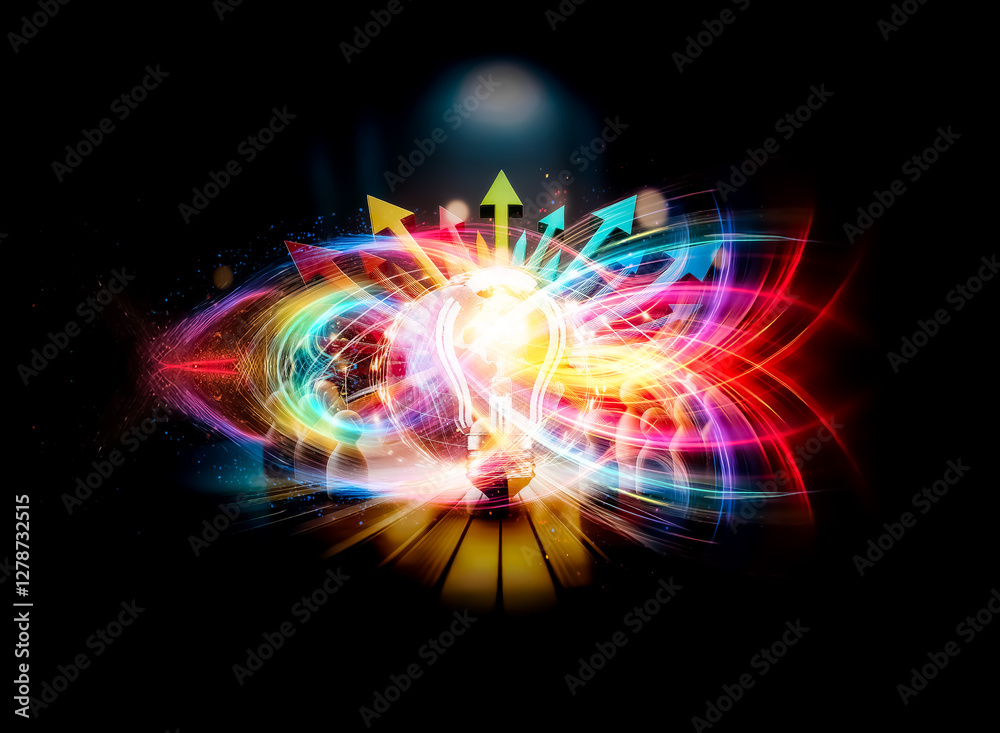 Poster bright light bulb emitting glow, surrounded by radiating colorful arrows on a reflective surface, sy