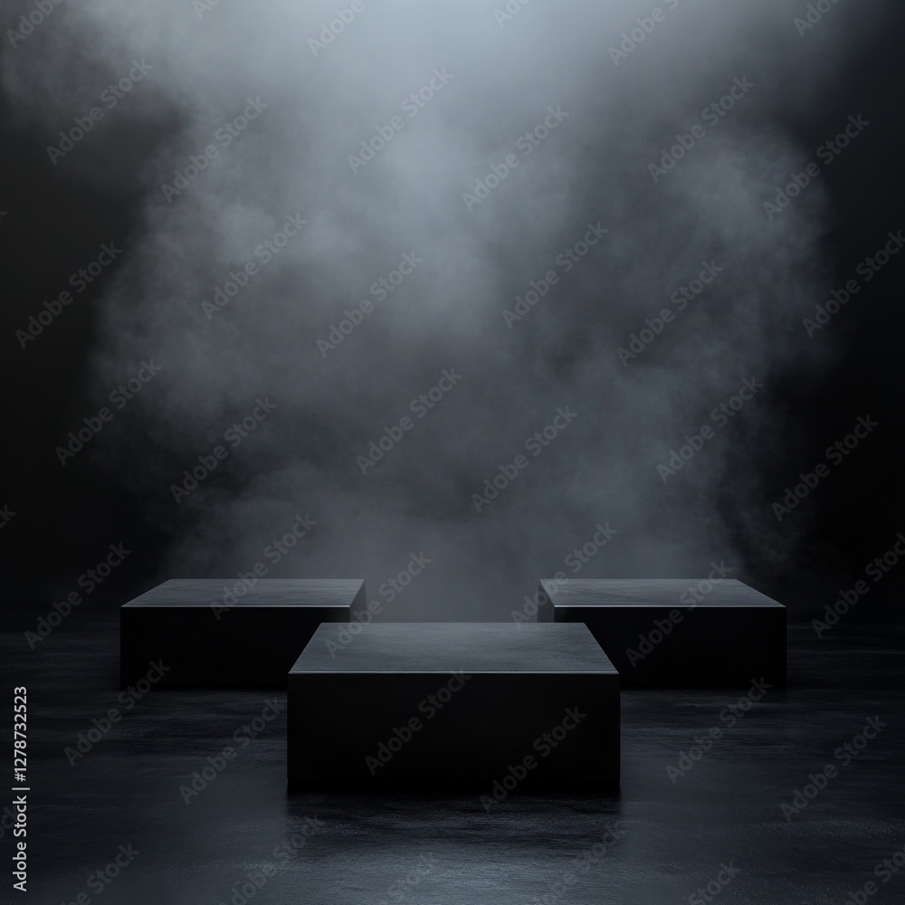Poster Dark Stage Presentation: Modern Black Cube Platforms with Atmospheric Mist for Product Showcase and Display