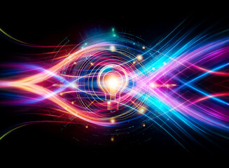 Illuminated light bulb at the core of a glowing circular tech design. Beams of blue and orange light radiate outward. Symbolizes bright ideas and innovation.