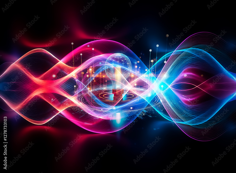 Poster A glowing light bulb is at the center, surrounded by circles and lines of light, creating a futuristic and technological abstract image.