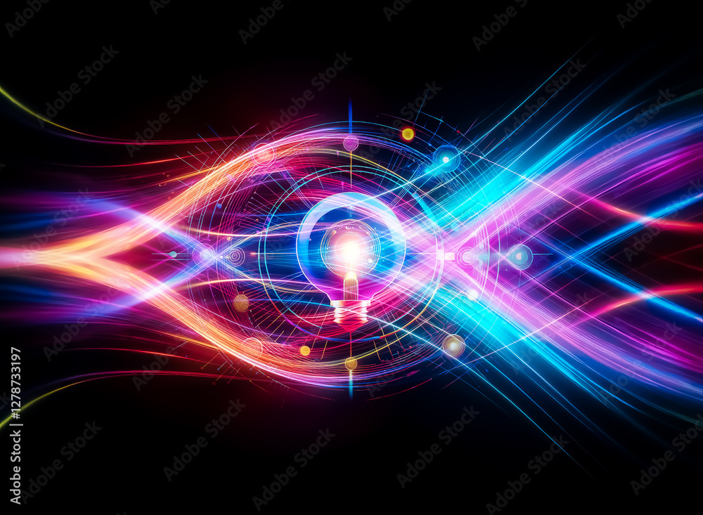 Poster vibrant abstract glowing light bulb at center with circular neon lines, bright dots on dark backdrop