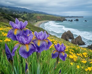 Coastal Irises, Blooms, California Coast, Dramatic Sky