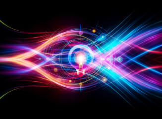 Obraz premium Vibrant abstract glowing light bulb at center with circular neon lines, bright dots on dark backdrop. Futuristic, technology, idea concept.