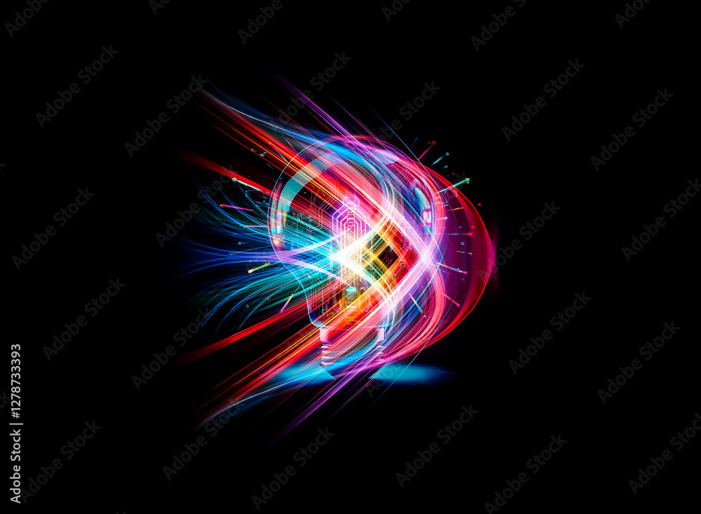 Poster A vibrant lightbulb illuminates the dark, radiating colorful energy.  Bright hues burst outward, creating a dynamic and luminous display.  The bulb itself is a mesmerizing source of light.