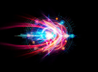 Obraz premium Vibrant abstract glowing light bulb at center with circular neon lines, bright dots on dark backdrop. Futuristic, technology, idea concept.