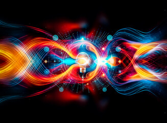 Obraz premium Bright light bulb at the center surrounded by digital circles of blue and orange lights, symbolizing innovation, technology, and inspiration.
