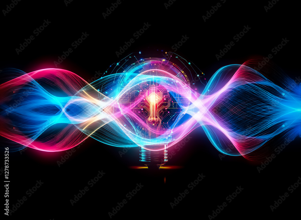 Leinwandbilder glowing light bulb with circuit board patterns and digital connections, radiating vibrant colors aga