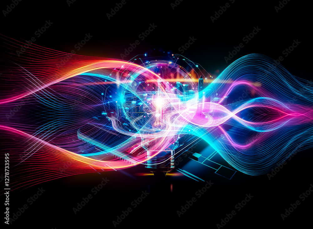 Leinwandbilder glowing light bulb with circuit board patterns and digital connections, radiating vibrant colors aga