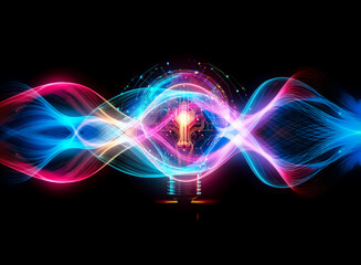 Naklejka premium Glowing light bulb with circuit board patterns and digital connections, radiating vibrant colors against a dark backdrop, representing innovation and technological concepts.