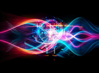 Fototapeta premium Glowing light bulb with circuit board patterns and digital connections, radiating vibrant colors against a dark backdrop, representing innovation and technological concepts.